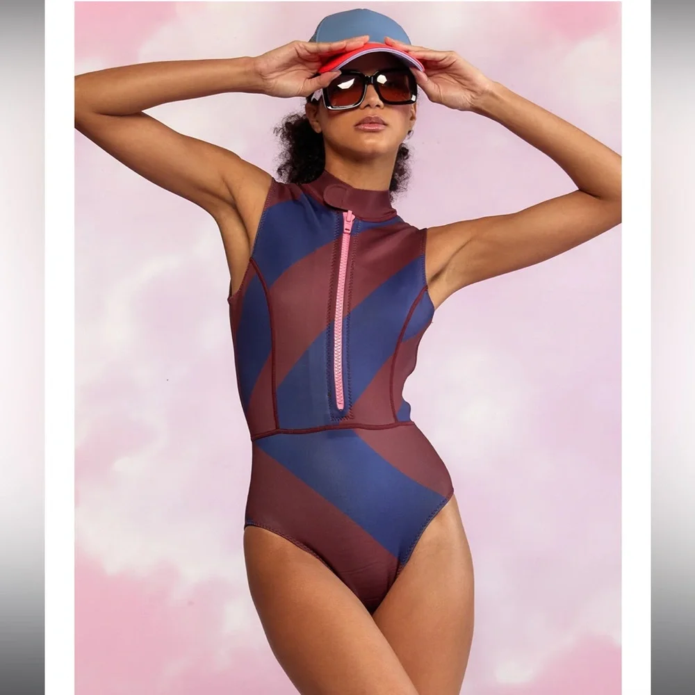 Cynthia‎ Rowley Sleeveless Striped Byron Wetsuit Navy Burgundy New Women Sz 1X